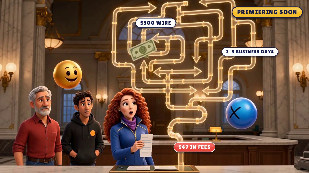 Episode 1, The Old Bank Trick, premiering soon: Jenae, Hash, Sats, Coin, and Ripple at the bank following a $500 wire through a maze that costs $47 in fees