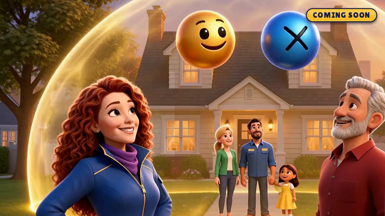Episode 4, Building the Shield, coming soon: Jenae, Coin, and Ripple under a golden shield in front of a family home