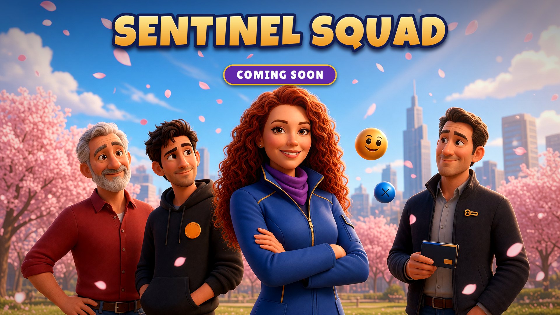 Sentinel Squad, coming soon: the animated cast of Jenae with her curly red hair and blue jacket, Hash, Sats, Node, Coin the gold AI orb, and Ripple the blue XRP orb, standing together in a city park
