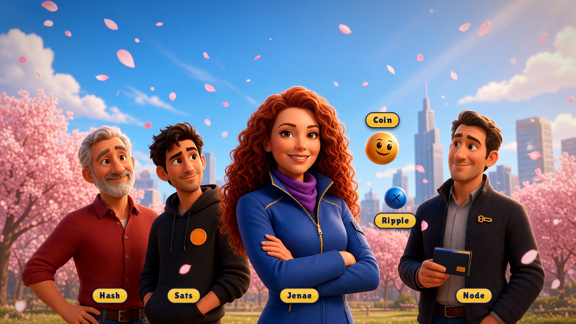 The Sentinel Squad cast, labeled: Hash, Sats, Jenae in the center with her curly red hair and blue jacket, Coin the gold AI orb, Ripple the blue XRP orb, and Node